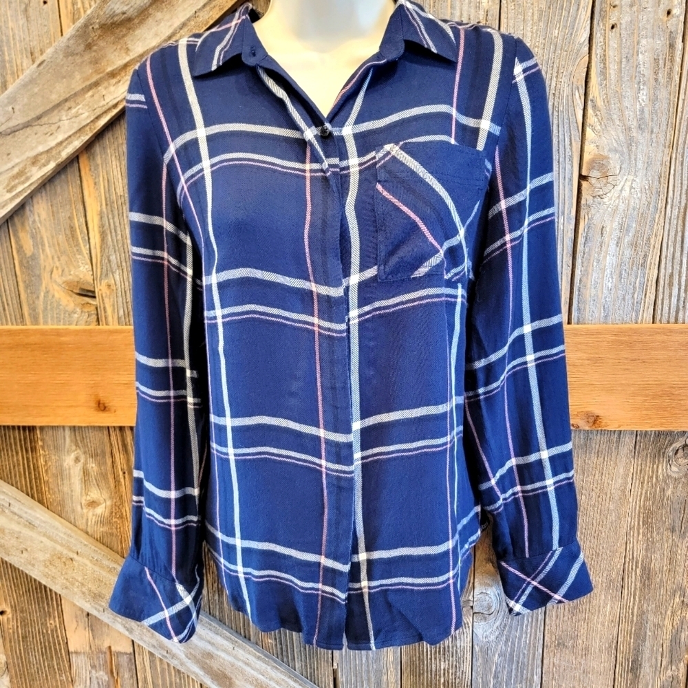 White House Black Market Plaid Collared Long Sleeve Button Down navy Size 2